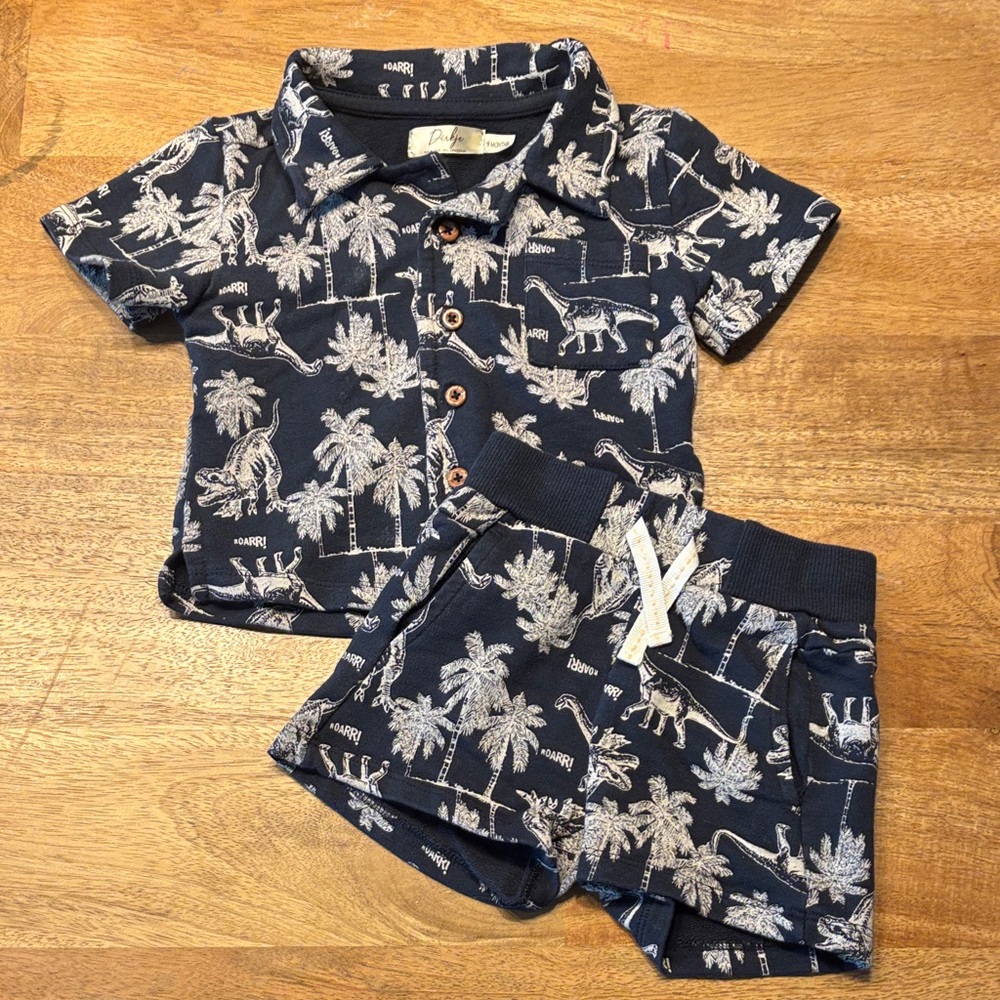 Navy Dinosaur Print Shorts Set